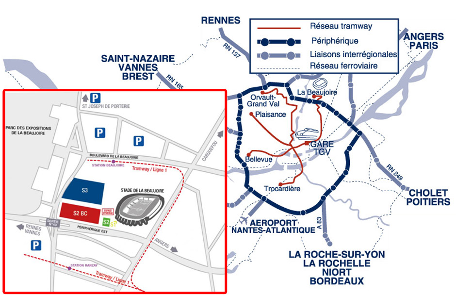 plan accès et parking Stade de La Beaujoire