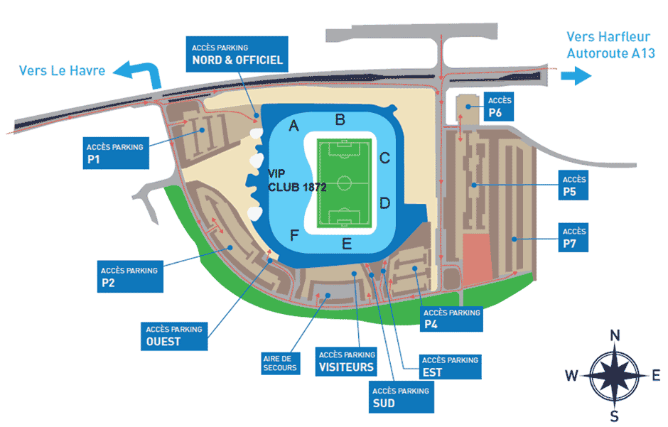 plan accès et parking stade Océane Le Havre